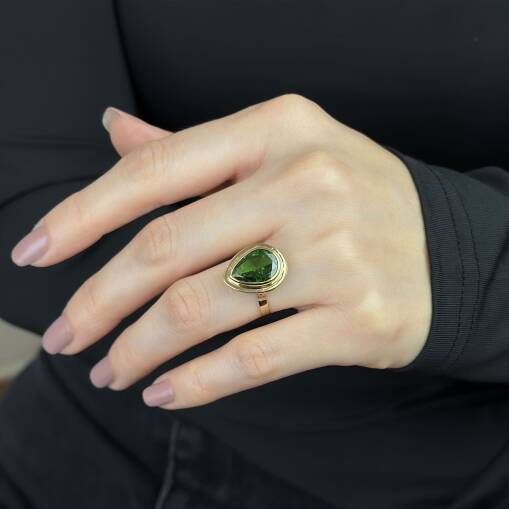 14 Ayar Altın Zümrüt Yeşil Damla Taşlı Yüzük – Elegant Model - 4