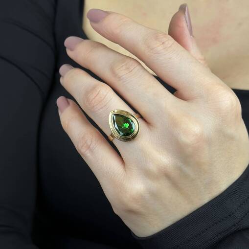 14 Ayar Altın Zümrüt Yeşil Damla Taşlı Yüzük – Elegant Model - 1