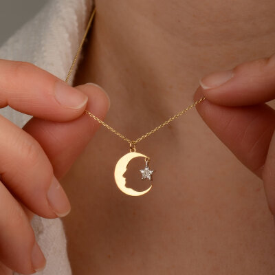 14 Ayar Taşlı Atatürklü Ay Yıldız Kolye - 2