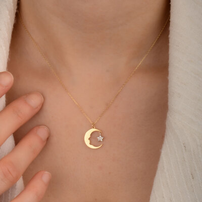 14 Ayar Taşlı Atatürklü Ay Yıldız Kolye - 4