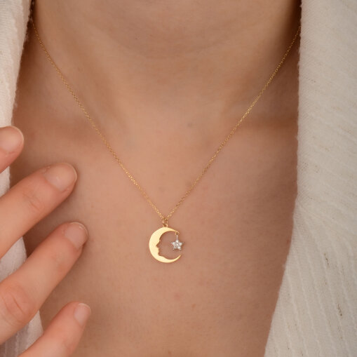 14 Ayar Taşlı Atatürklü Ay Yıldız Kolye - 4