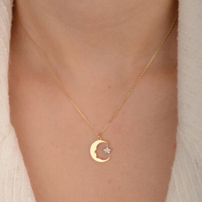 14 Ayar Taşlı Atatürklü Ay Yıldız Kolye - 5