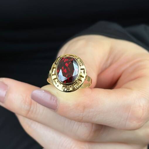 Greek Temalı 14 Ayar Yakut Taşlı Yüzük – Şık Altın Model - 1