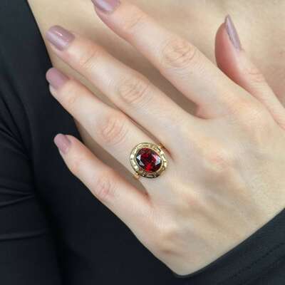 Greek Temalı 14 Ayar Yakut Taşlı Yüzük – Şık Altın Model - 4