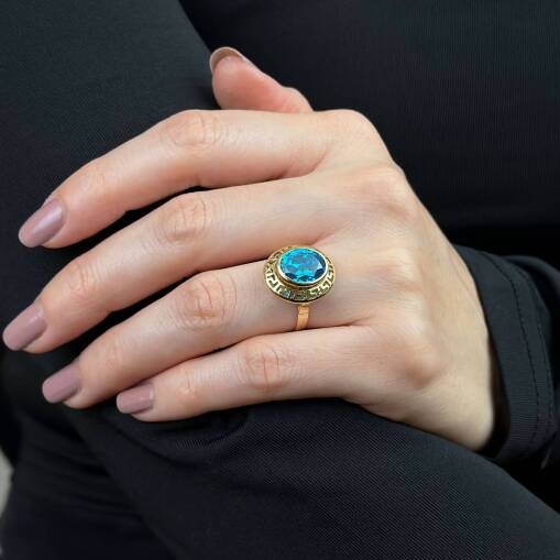 14 Ayar Mavi Oval Akuamarin Taşlı Greek Yüzük Zarif Model - 1