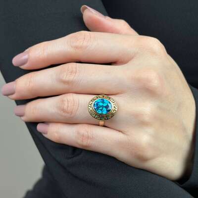 14 Ayar Mavi Oval Akuamarin Taşlı Greek Yüzük Zarif Model - 3