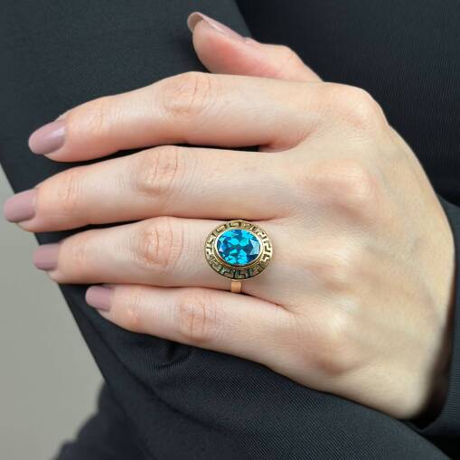 14 Ayar Mavi Oval Akuamarin Taşlı Greek Yüzük Zarif Model - 3