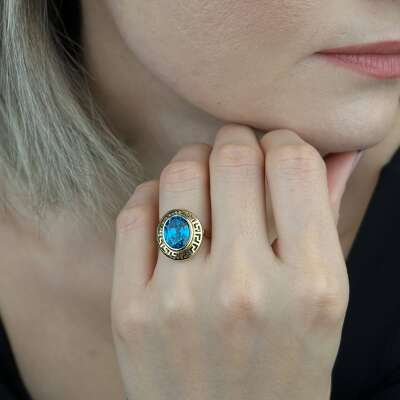 14 Ayar Mavi Oval Akuamarin Taşlı Greek Yüzük Zarif Model - 2