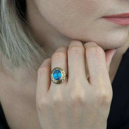 14 Ayar Mavi Oval Akuamarin Taşlı Greek Yüzük Zarif Model - 2