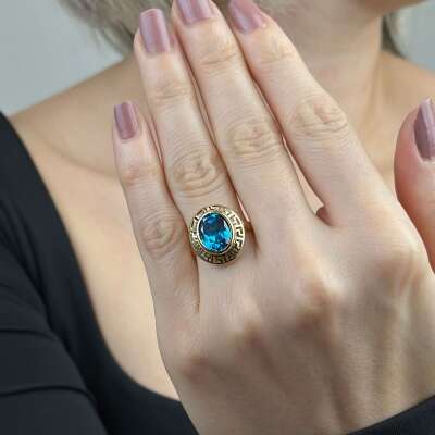 14 Ayar Mavi Oval Akuamarin Taşlı Greek Yüzük Zarif Model - 4