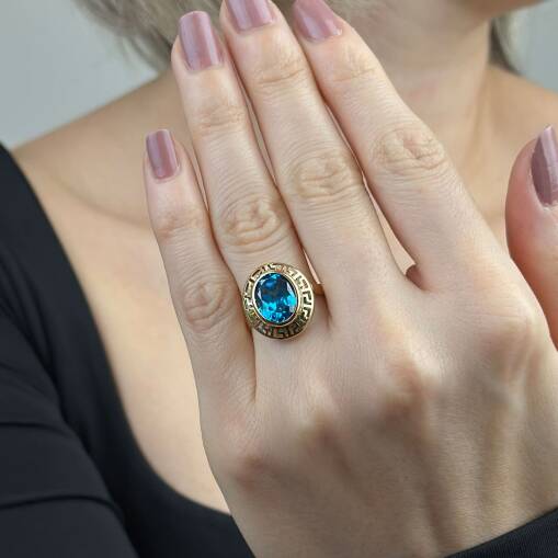 14 Ayar Mavi Oval Akuamarin Taşlı Greek Yüzük Zarif Model - 4