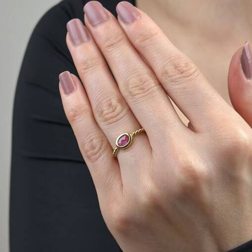 14 Ayar Oval Pembe Taşlı Altın Yüzük – Eşsiz Tasarım & Zarif Işıltı - 3