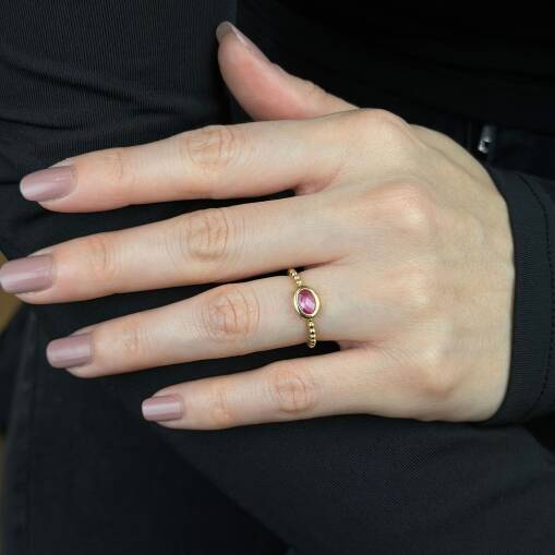 14 Ayar Oval Pembe Taşlı Altın Yüzük – Eşsiz Tasarım & Zarif Işıltı - 4