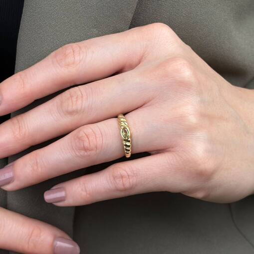 14 Ayar Altın Oval Yeşil Taşlı Burgu Şeklinde Yüzük - 2