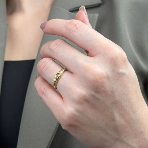 14 Ayar Altın Oval Yeşil Taşlı Burgu Şeklinde Yüzük - 3