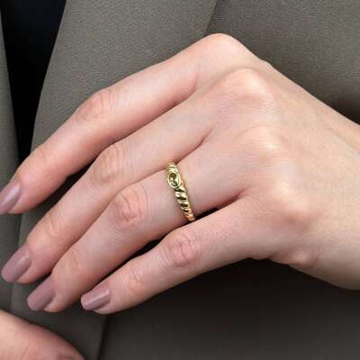 14 Ayar Altın Oval Yeşil Taşlı Burgu Şeklinde Yüzük - 4