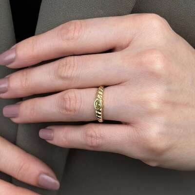 14 Ayar Altın Oval Yeşil Taşlı Burgu Şeklinde Yüzük - 5