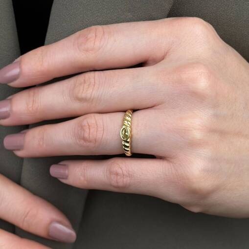 14 Ayar Altın Oval Yeşil Taşlı Burgu Şeklinde Yüzük - 5