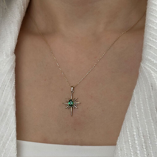 14 Ayar Oval Yeşil Taşlı Kutup Yıldızı Kolye - 1