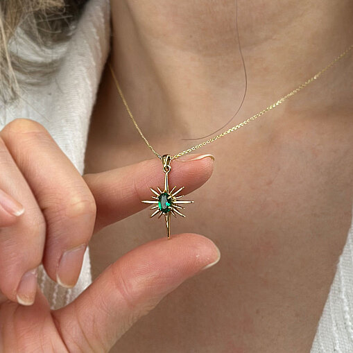 14 Ayar Oval Yeşil Taşlı Kutup Yıldızı Kolye - 2