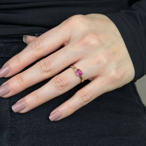 Engin Kuyumculuk 14 Ayar Pembe Oval Taşlı Altın Yüzük - 5