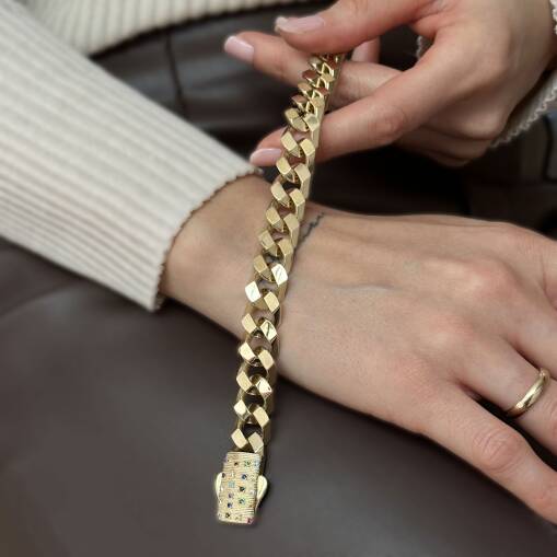 14 Ayar Altın Renkli Taşlı Kilit Gurmet Bileklik - 2