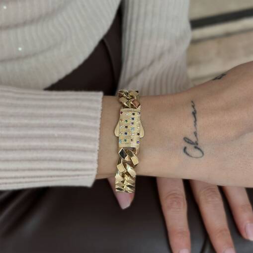 14 Ayar Altın Renkli Taşlı Kilit Gurmet Bileklik - 3