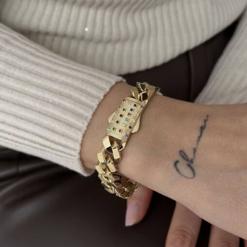 14 Ayar Altın Renkli Taşlı Kilit Gurmet Bileklik - 4