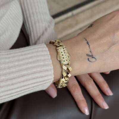 14 Ayar Altın Renkli Taşlı Kilit Gurmet Bileklik - 5