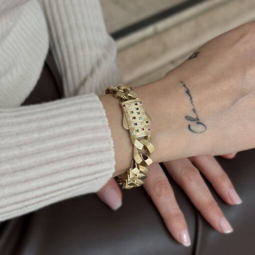 14 Ayar Altın Renkli Taşlı Kilit Gurmet Bileklik - 5