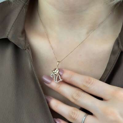 Pırlanta Kedi Kolye – 14 Ayar Rose Altın Zarif Tasarım - 2