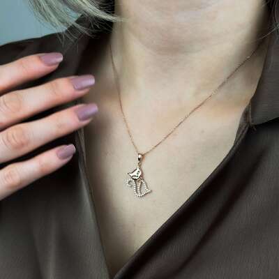 Pırlanta Kedi Kolye – 14 Ayar Rose Altın Zarif Tasarım - 5