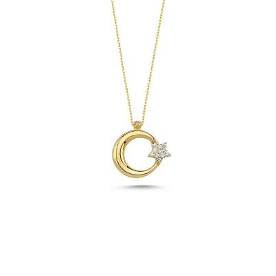14 Ayar Sarı Altın Taşlı Ayyıldız Kolye