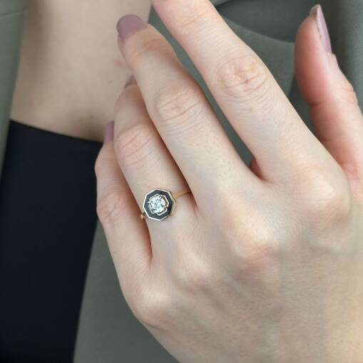 14 Ayar Siyah Mineli Küçük Taşlı Yüzük – Modern Altın - 1