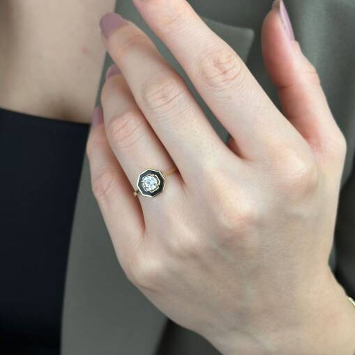 14 Ayar Siyah Mineli Küçük Taşlı Yüzük – Modern Altın - 3