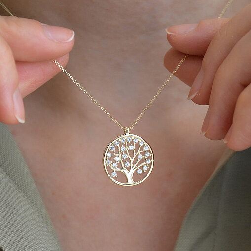 14 Ayar Swarovski Taşlı Hayat Ağacı Altın Kolye - 2