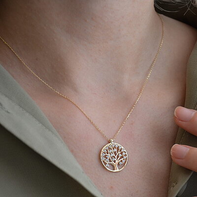 14 Ayar Swarovski Taşlı Hayat Ağacı Altın Kolye - 4