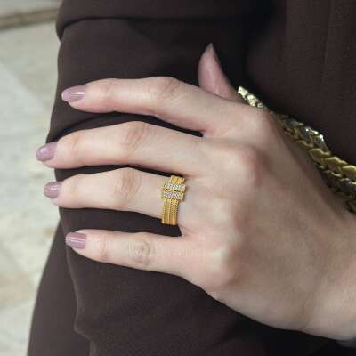 14 Ayar Taşlı Altın Hasır Yüzük Şık Tasarım - 3