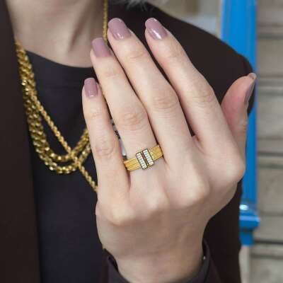 14 Ayar Taşlı Altın Hasır Yüzük Şık Tasarım - ENGİNGOLD VTR