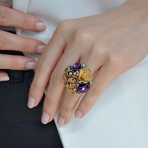 14 Ayar Taşlı Çiçek Yüzük (Gül Model, Sarı) - 3