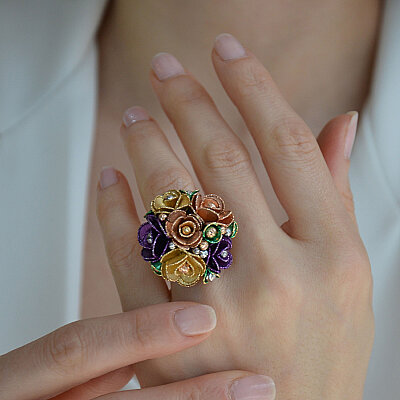 14 Ayar Taşlı Çiçek Yüzük (Gül Model, Sarı) - 2