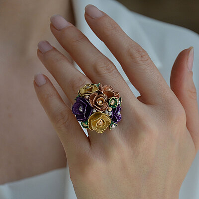 14 Ayar Taşlı Çiçek Yüzük (Gül Model, Sarı) - 4