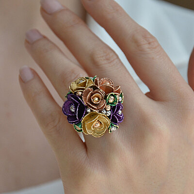 14 Ayar Taşlı Çiçek Yüzük (Gül Model, Sarı) - 5