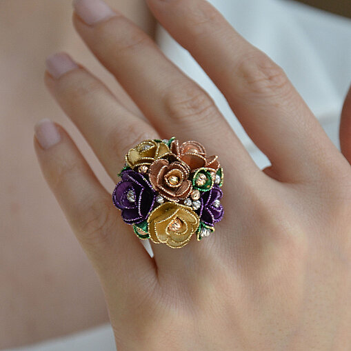 14 Ayar Taşlı Çiçek Yüzük (Gül Model, Sarı) - 5