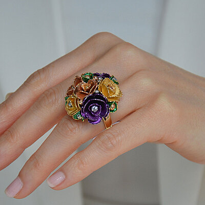 14 Ayar Taşlı Çiçek Yüzük (Gül Model, Sarı)