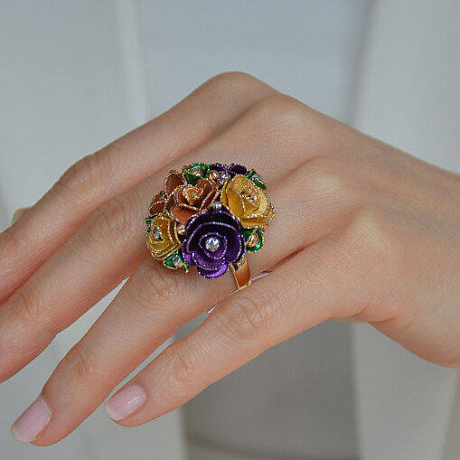 14 Ayar Taşlı Çiçek Yüzük (Gül Model, Sarı) - 1