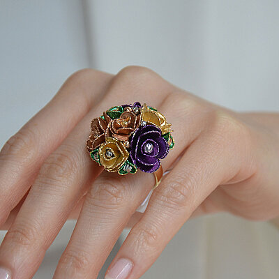 14 Ayar Taşlı Çiçek Yüzük (Gül Model, Sarı) - 6