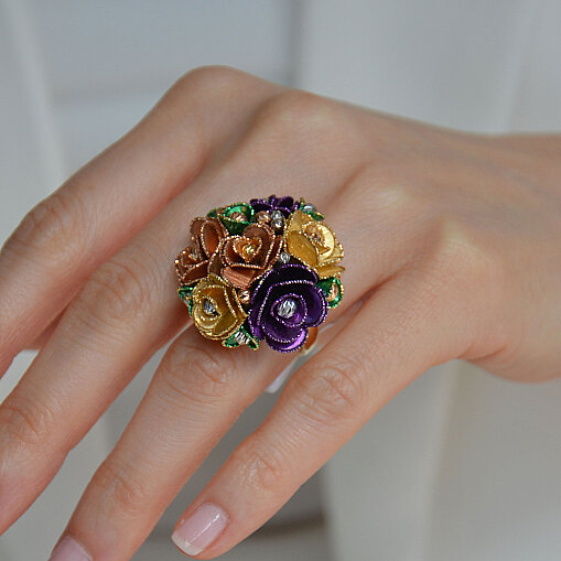 14 Ayar Taşlı Çiçek Yüzük (Gül Model, Sarı) - 7