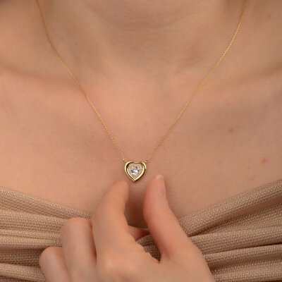 14 Ayar Altın Taşlı Kalp Kolye – Zarif Zirkon Detaylı Model - 2