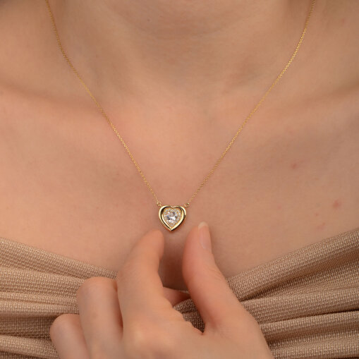 14 Ayar Altın Taşlı Kalp Kolye – Zarif Zirkon Detaylı Model - 2